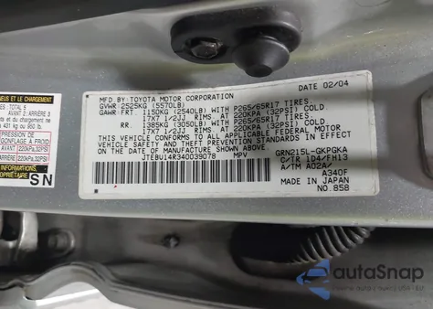 2004 Toyota 4Runner Sr5 Sport V6 from USA, damaged, VIN JTEBU14R340039078